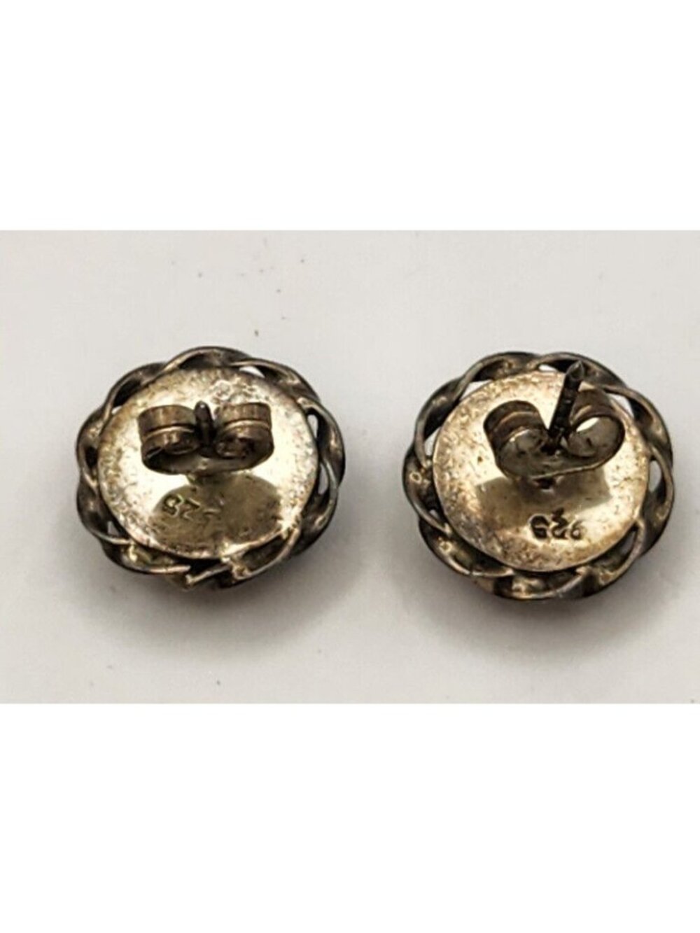 Vintage Semi Precious Stone Blue Green Gray Stud Earrings 925 Sterling Silver - Picture 4 of 5